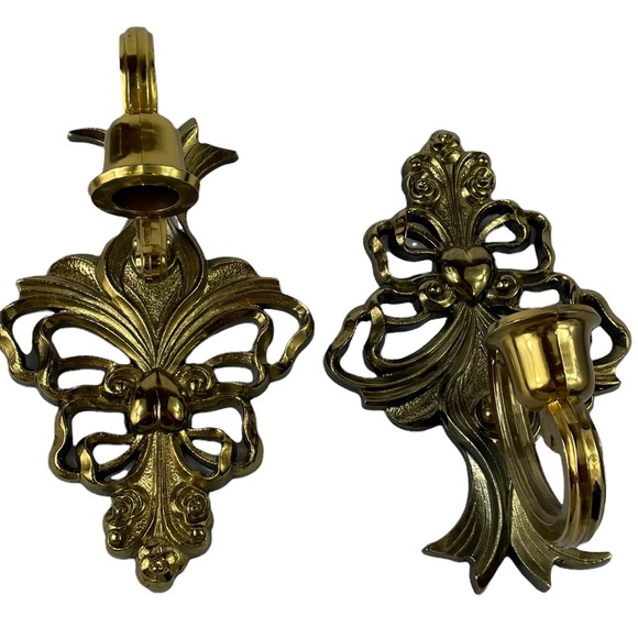 MCM Gold Filagree Wall-Mount Candle Holders Heart Decor Very Clean 8” Tall Homco - Picture 14 of 15